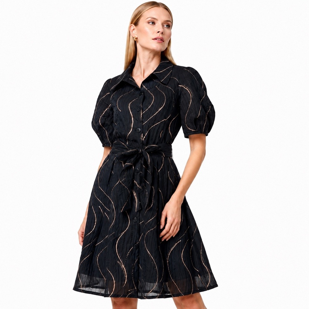 Rickie Freeman Teri Jon Dress Womens 10 Black Gold Metallic Puff Sleeve Cocktail